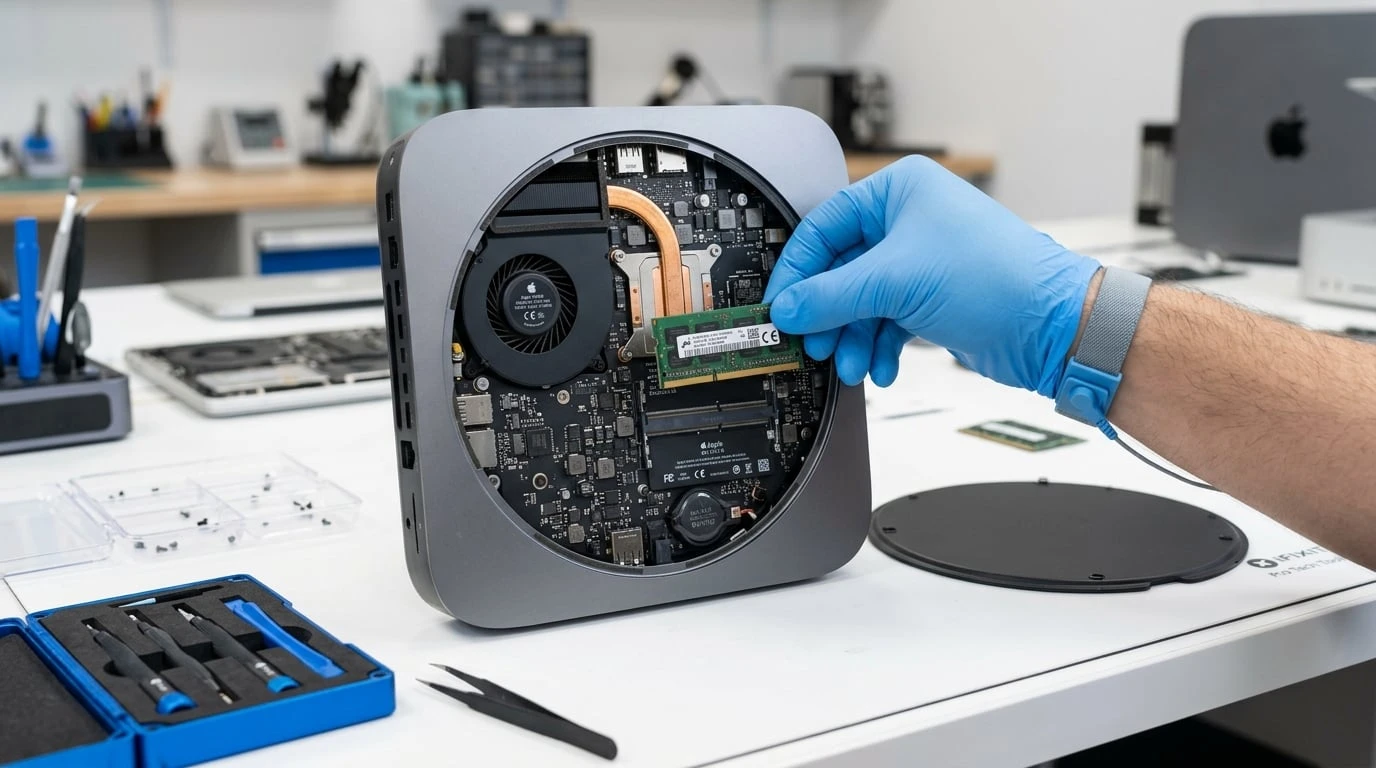 Mac Mini being upgraded with new SSD and RAM at WarriorMac Tampa