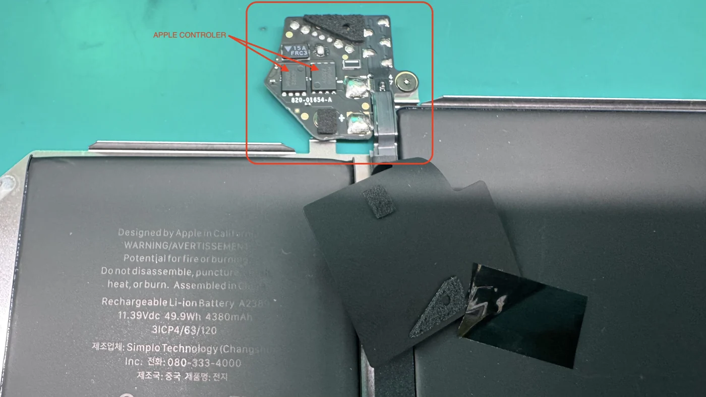 Genuine Apple MacBook Air battery controller board 820-01654-A highlighted on an A2389 battery